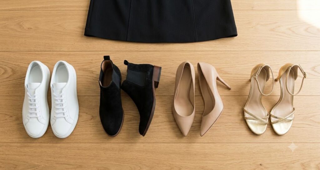 Four shoe options for a black dress: white sneakers, ankle boots, nude pumps, and gold heels