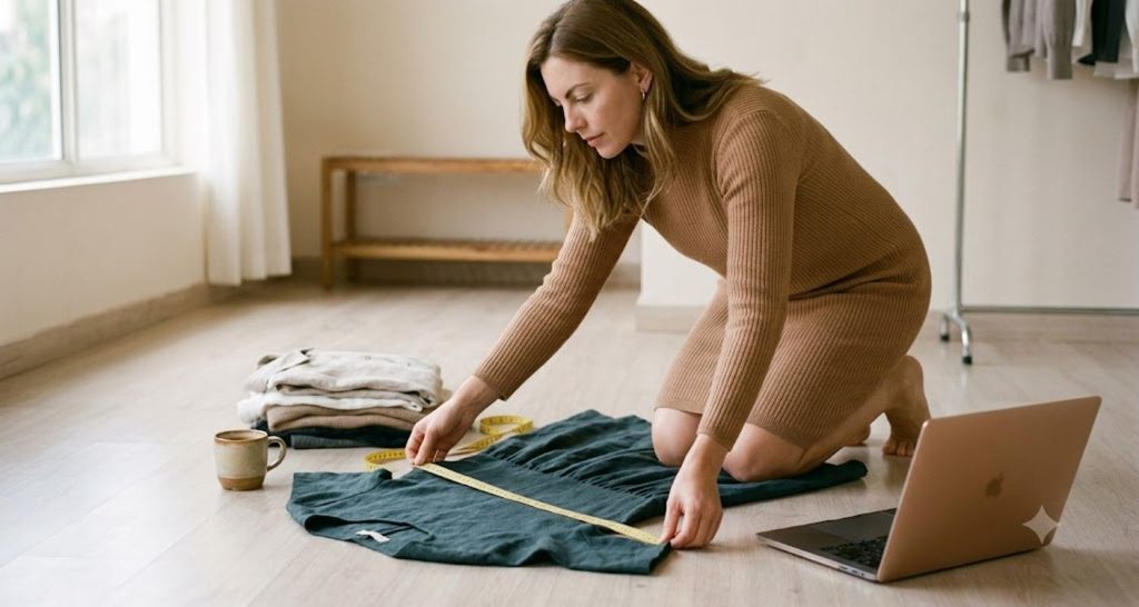 Tall woman measuring a dress from shoulder to hem beside a laptop while shopping online