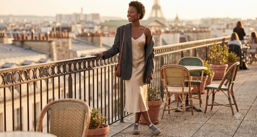 Woman wearing a champagne satin slip dress - sneakers with dress outfit ideas women