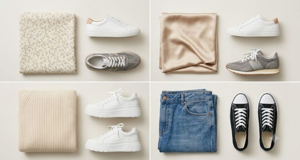 Overhead grid of dress fabrics paired with matching sneaker styles