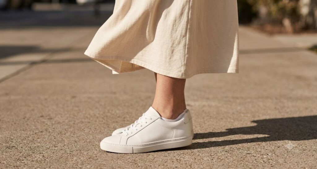 Close-up of a dress hem meeting white sneakers - sneakers with dress outfit ideas women