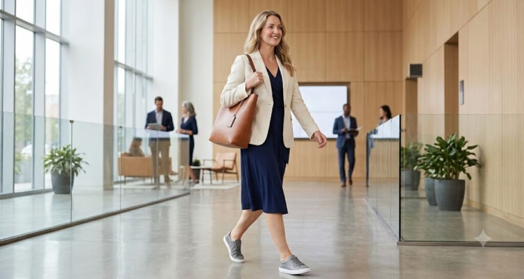 Woman in a wrap dress and sneakers walking through an office lobby