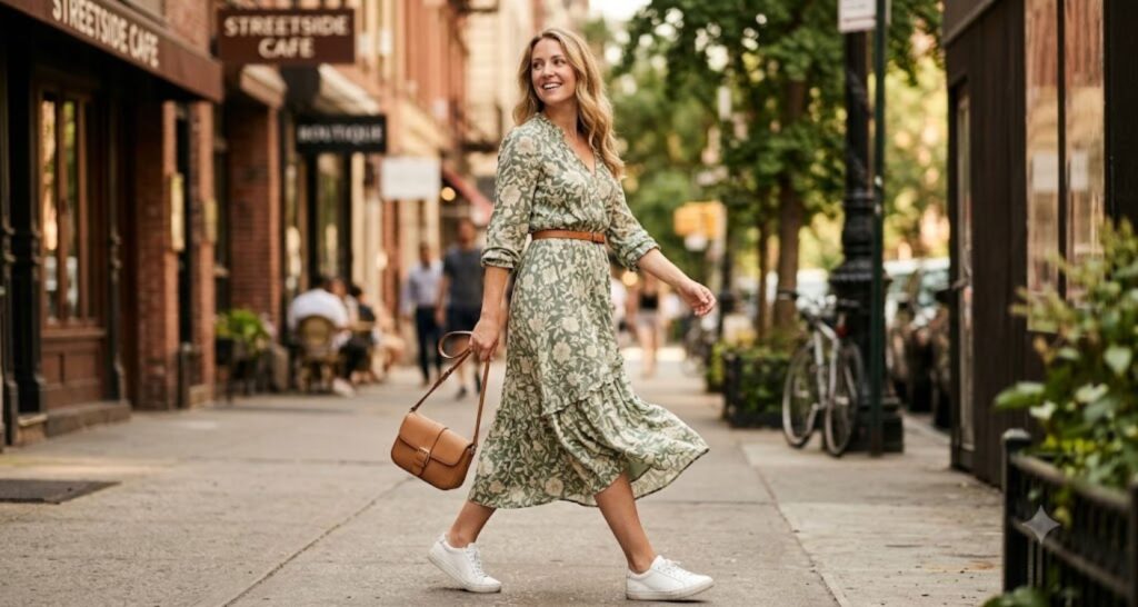 Woman wearing a floral midi dress with white leather sneakers walking on a city sidewalk
