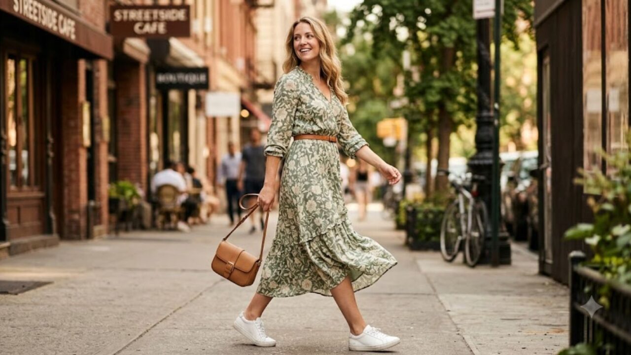 Woman wearing a floral midi dress with white leather sneakers walking on a city sidewalk