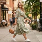 Woman wearing a floral midi dress with white leather sneakers walking on a city sidewalk