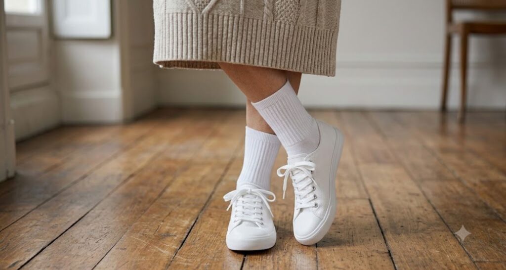 Close-up of ribbed white crew socks worn with sneakers under a knit dress