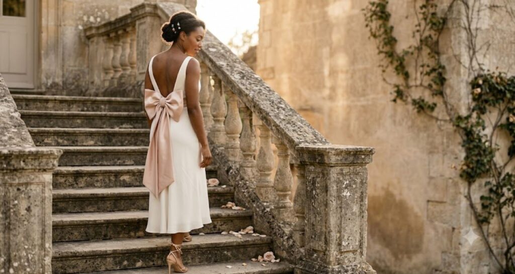 Back view of woman in ivory bow-back dress with pearl hair pins on a sunlit staircase