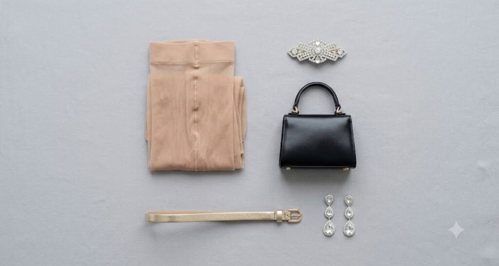 Sheer tights, a mini structured bag, and sparkly accessories that make a dress look formal