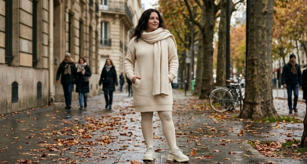 Woman in a cream ribbed sweater dress - sneakers with dress outfit ideas women