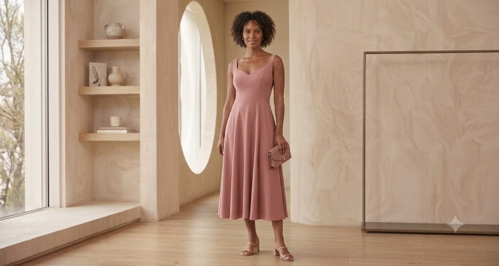 Dusty rose sweetheart neckline dress balancing the bust on an hourglass figure