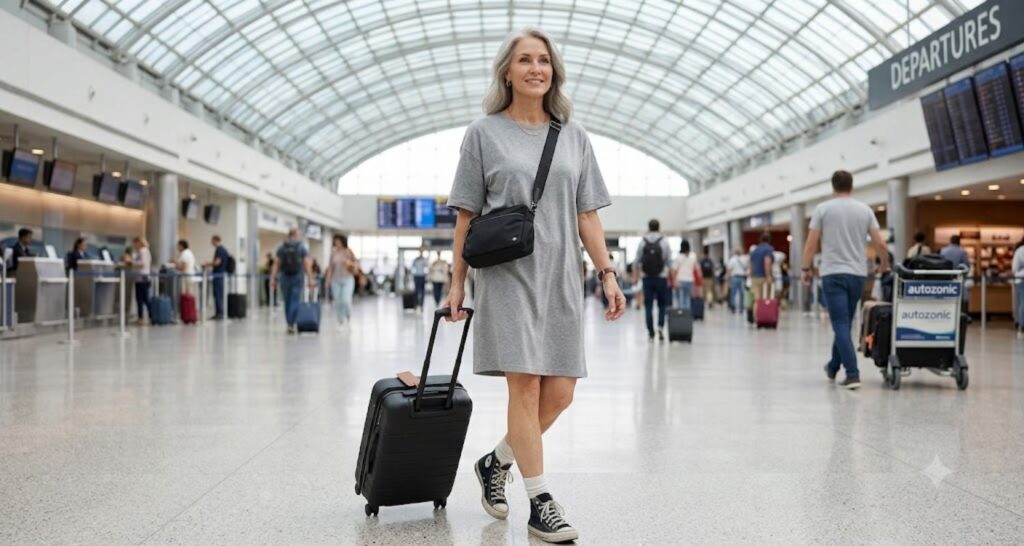 Woman in an oversized gray T-shirt dress with black high-top sneakers