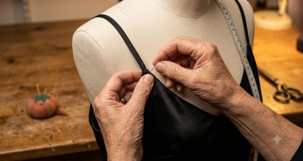 Tailor pinning the strap of a black slip dress on a dress form to adjust the fit
