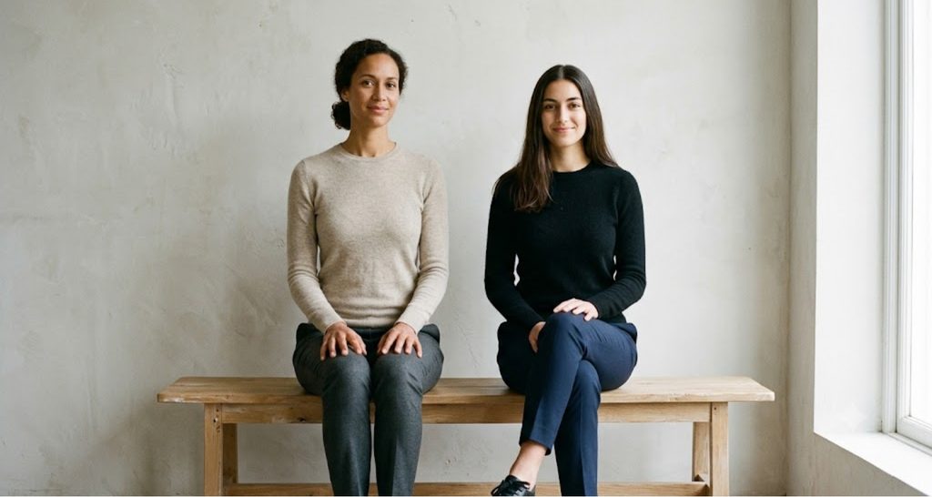 Two tall women seated side by side showing the difference between a long torso and long legs