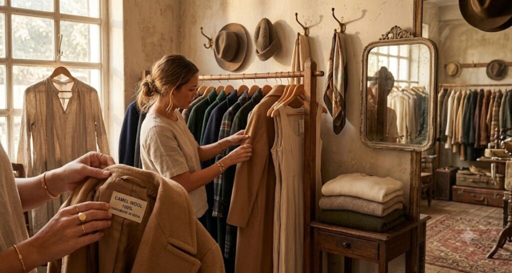 Woman checking the fabric tag on a secondhand camel wool coat in a consignment shop