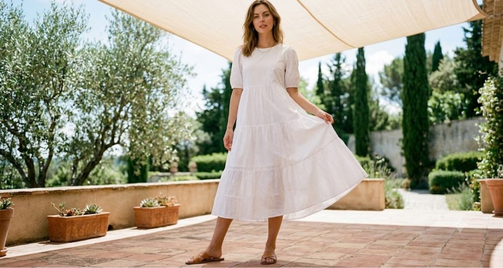 Tall woman in a white tiered cotton midi dress with three generous ruffle tiers