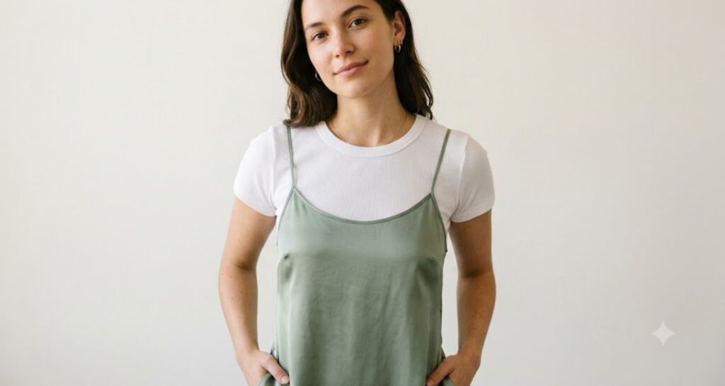 White t-shirt worn under a slip dress to create a casual layered look