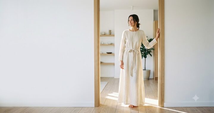 Tall woman in a flowing cream maxi dress standing in a sunlit doorway