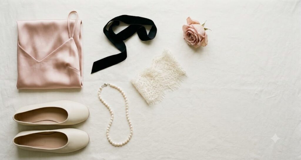 Flat lay showing coquette style elements including satin slip dress, velvet ribbon, pearls and ballet flats