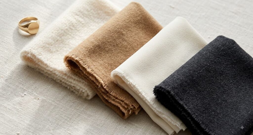 Close-up of wool, silk and cashmere fabric swatches - quiet luxury dress outfit ideas women