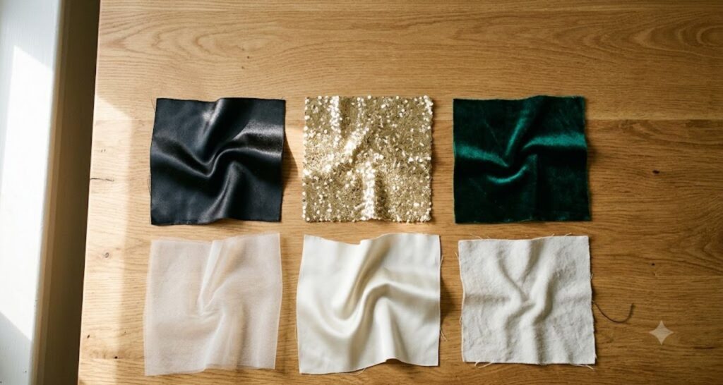 Fabric swatches showing how shine and drape make a dress look formal.