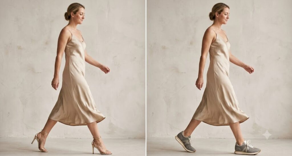 Side-by-side comparison of a woman in a slip dress - sneakers with dress outfit ideas women