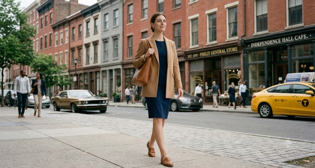 Tall woman in a navy sheath dress and longline blazer walking through an office lobby