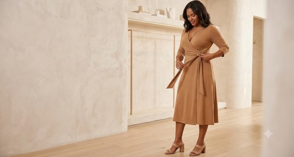 Camel wrap dress with a tie waist on an hourglass figure