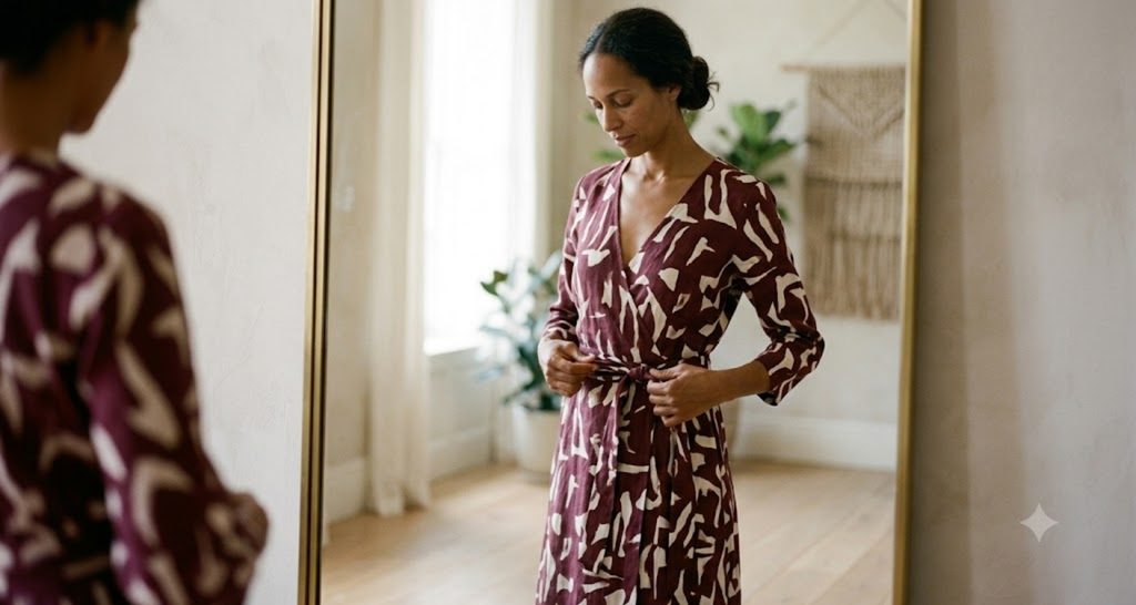 Tall woman tying the belt of a printed wrap dress at her natural waist
