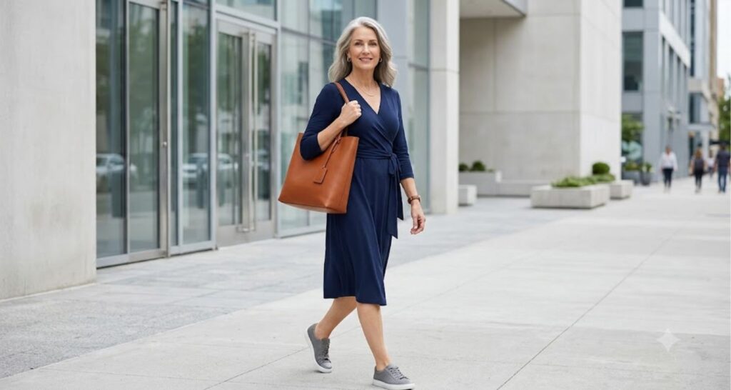 Woman in a navy wrap dress with slim gray leather sneakers