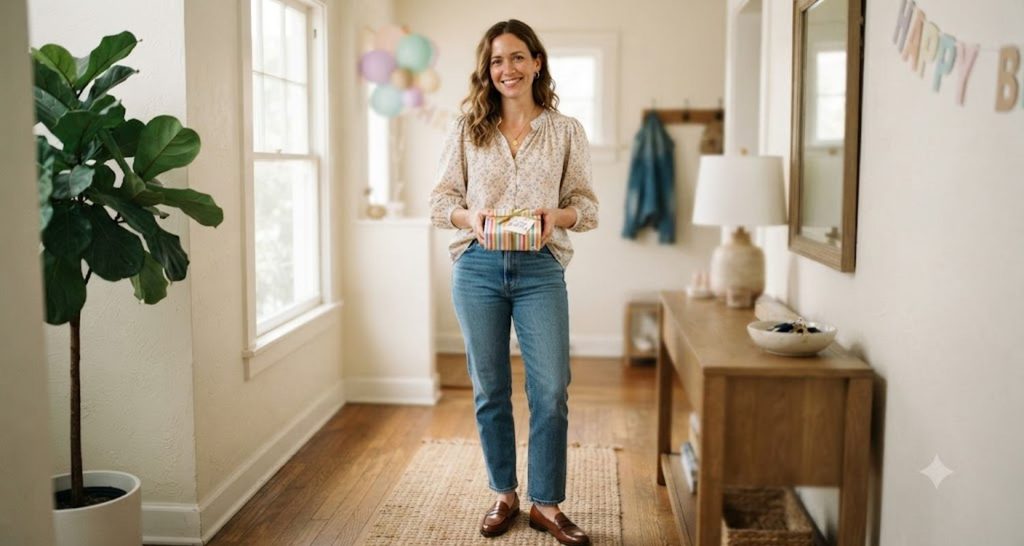 Woman wearing a floral blouse, straight-leg jeans, and brown loafers while holding a birthday gift