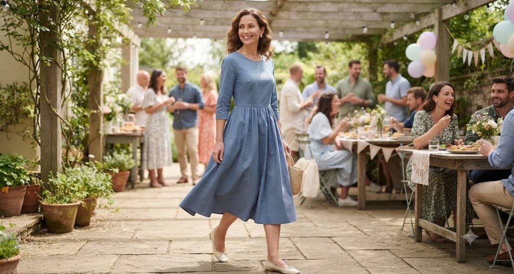 Woman wearing a dusty-blue cotton midi dress with cream ballet flats