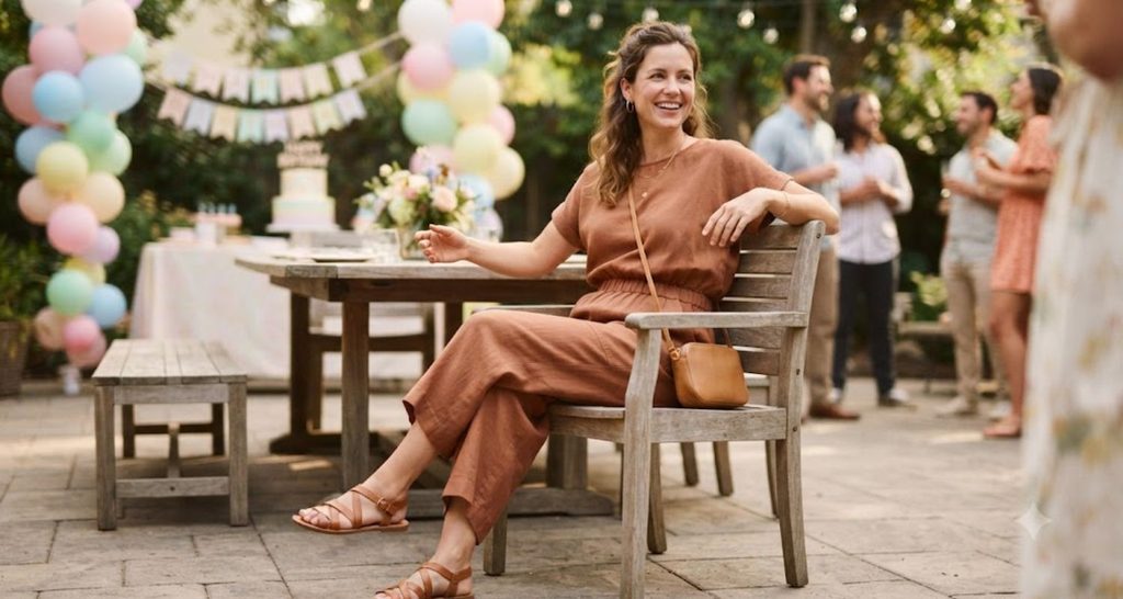 Woman sitting comfortably in a terracotta jumpsuit and flat sandals at a birthday party