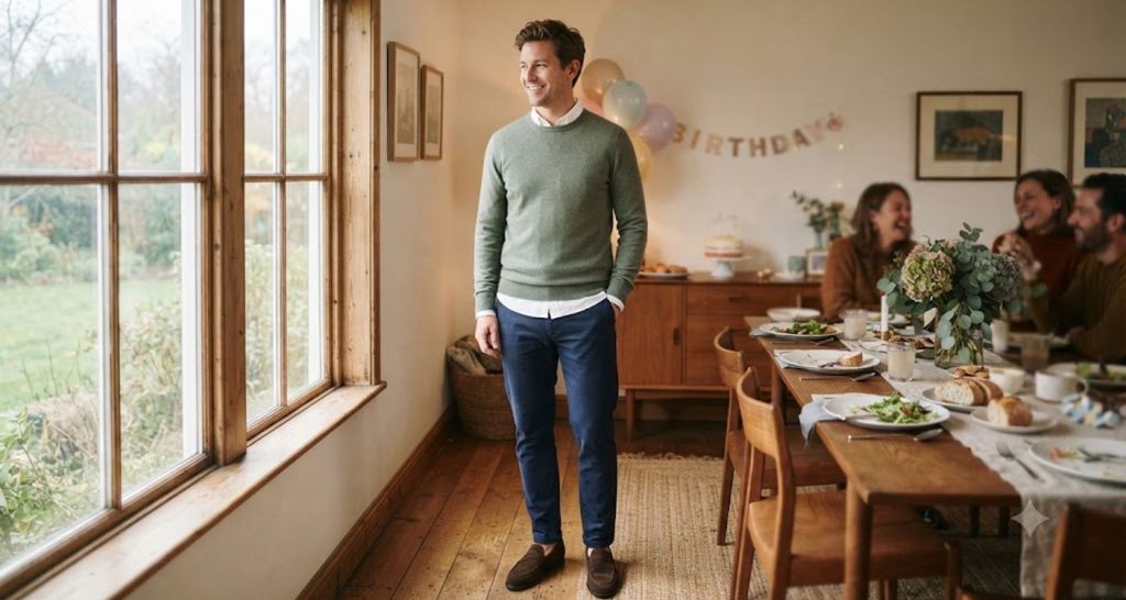 Man wearing a sage sweater, navy chinos, and suede loafers at an indoor birthday lunch