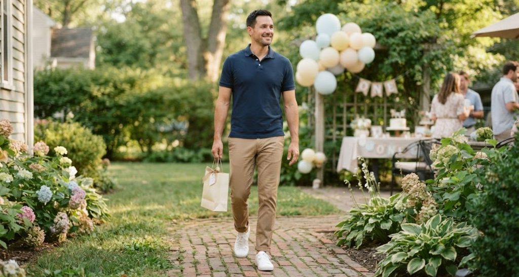 Man wearing a navy polo, tan chinos, and white sneakers at a backyard birthday party