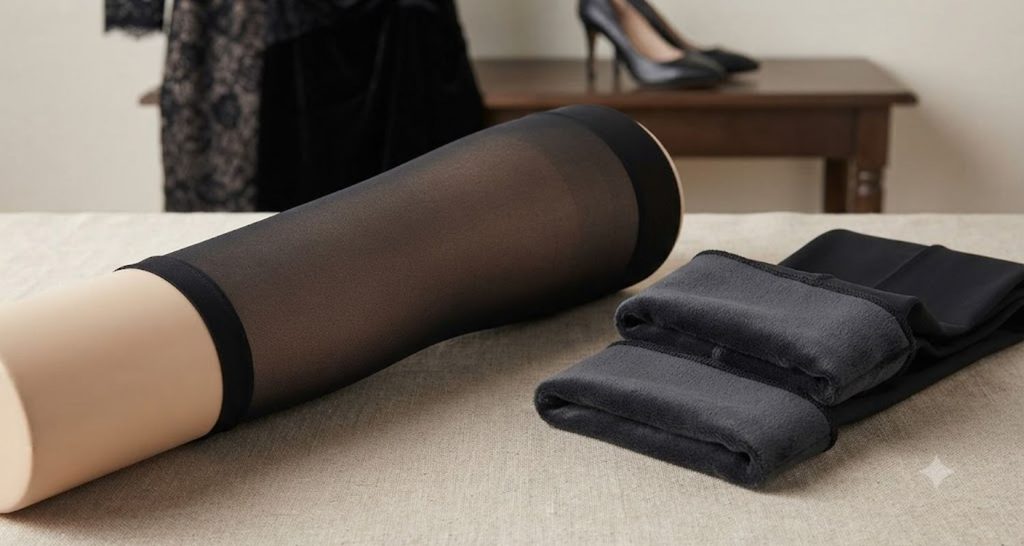 Black sheer-look tights with a folded section revealing the brushed inner lining.