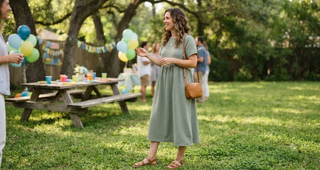 Woman wearing a sage-green cotton midi dress and flat sandals on a backyard lawn