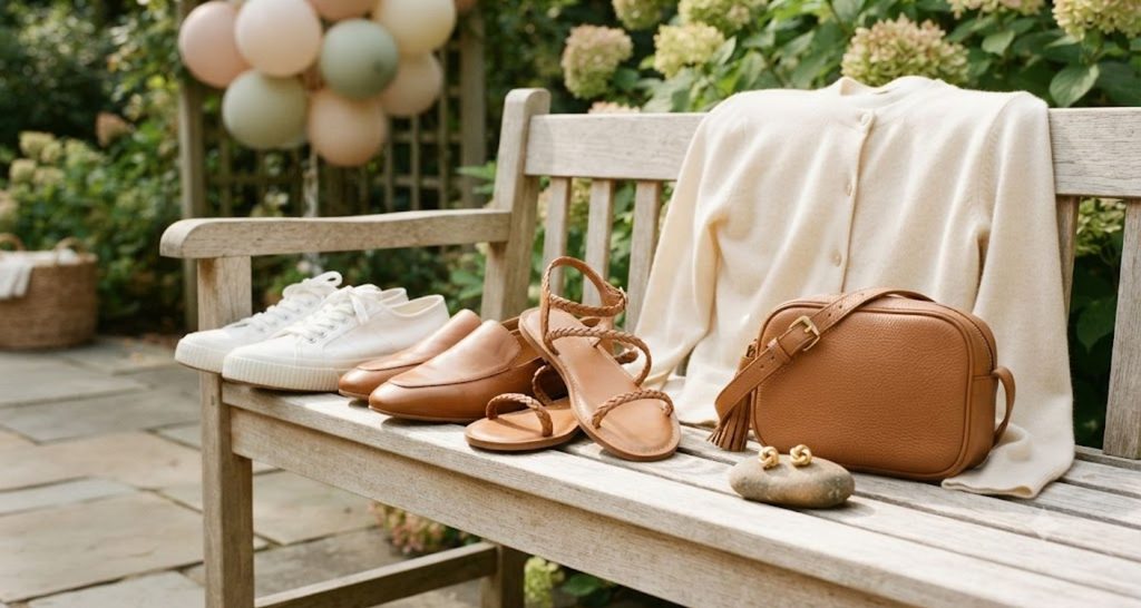 Sneakers, loafers, flat sandals, and a crossbody bag arranged on a garden bench