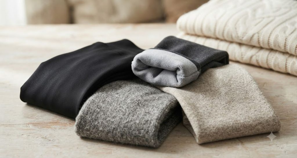 Nylon, fleece-lined, wool-blend, and cotton-blend tights showing different fabric textures.