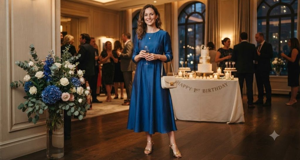 Guest wearing a jewel-toned midi dress and low heels at an elegant first birthday reception