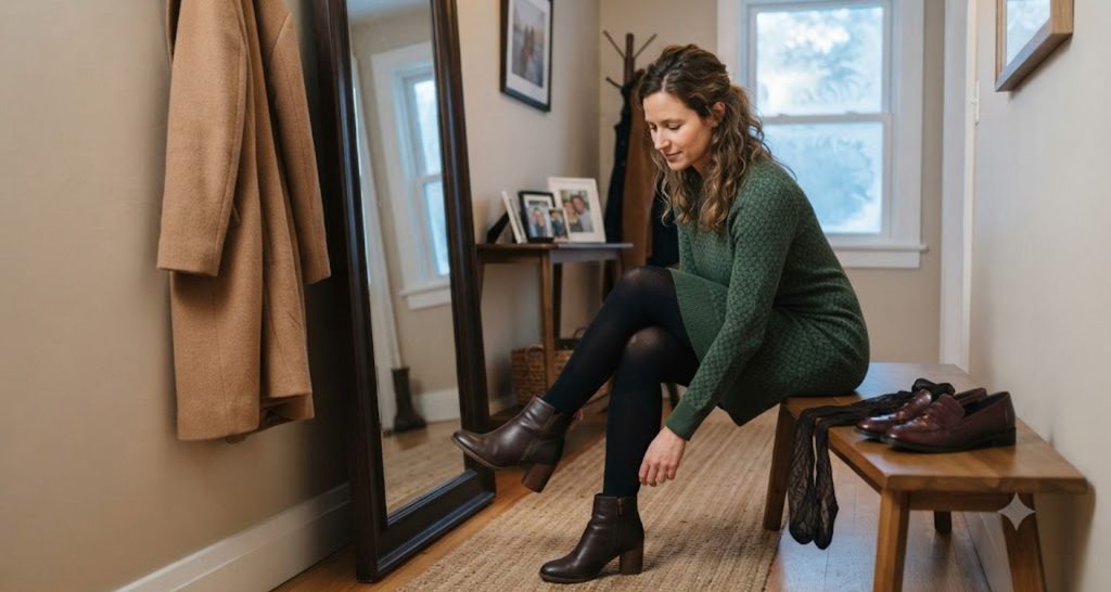 Woman checking the fit of her ankle boot while wearing a dress and opaque tights.