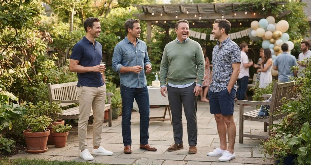 Four men wearing polos, casual shirts, and lightweight layers for a birthday party