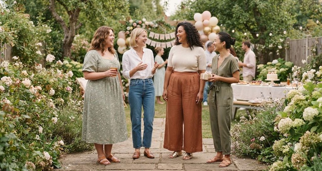 Four women wearing a midi dress, jeans outfit, wide-leg pants, and jumpsuit at a garden party