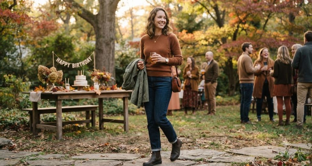 Guest wearing a rust sweater, dark jeans, and ankle boots while carrying an olive jacket