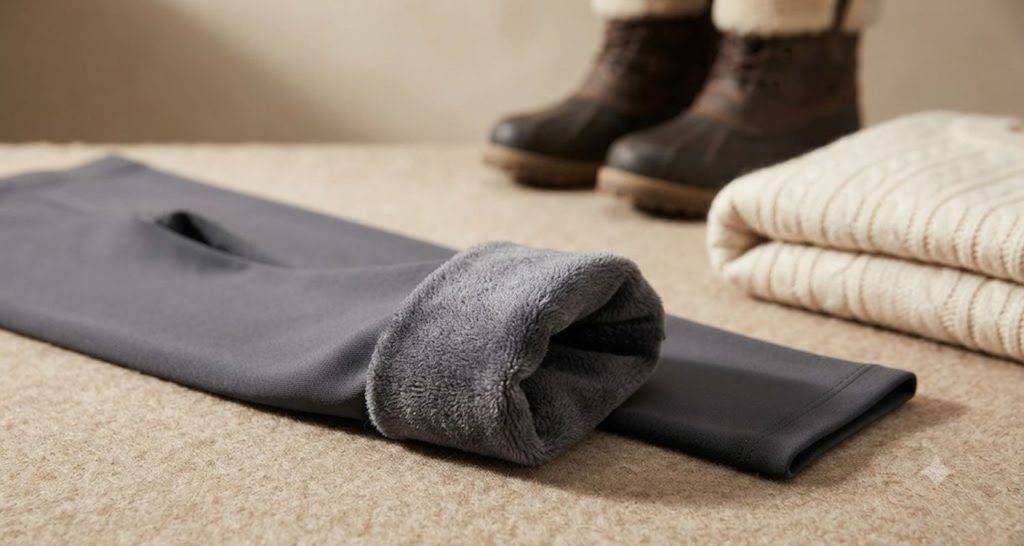 Charcoal tights turned inside out to reveal their soft brushed fleece lining.