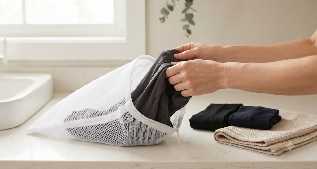 Hands placing dark tights into a mesh laundry bag beside neatly folded hosiery.