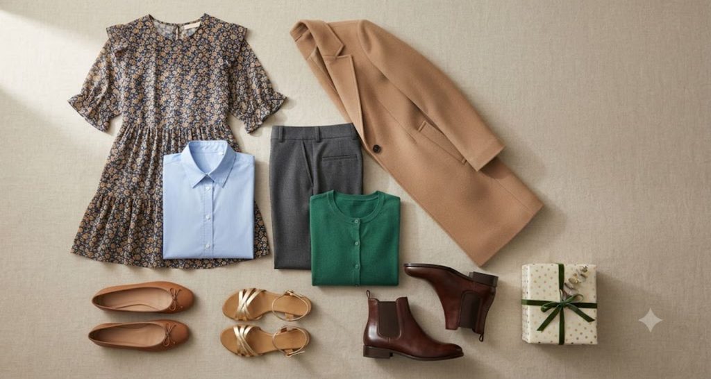 Seasonal party clothing with a floral dress, cardigan, coat, sandals, and ankle boots