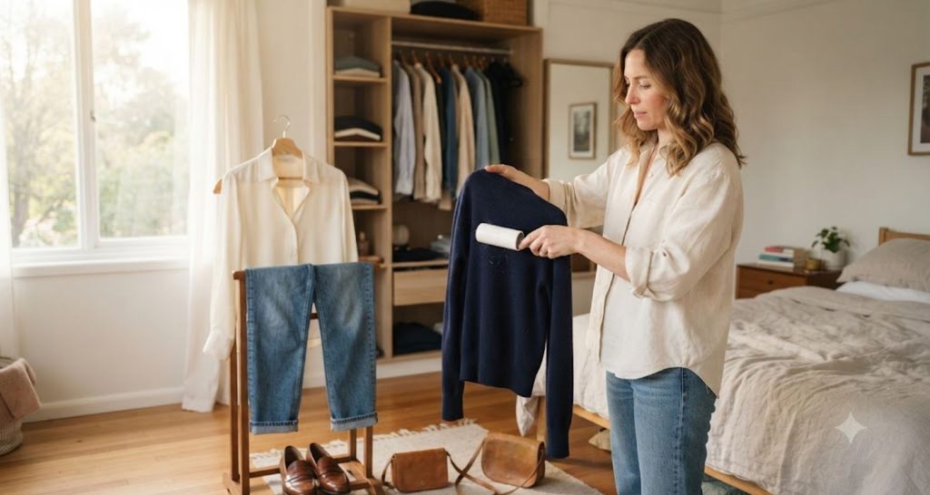 Woman using a lint roller on a cardigan beside jeans, a cream blouse, and loafers