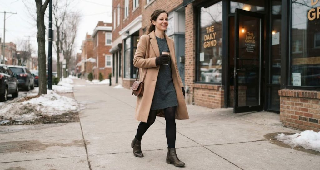 Woman outside a café wearing a charcoal dress, opaque tights, boots, and a long camel coat.