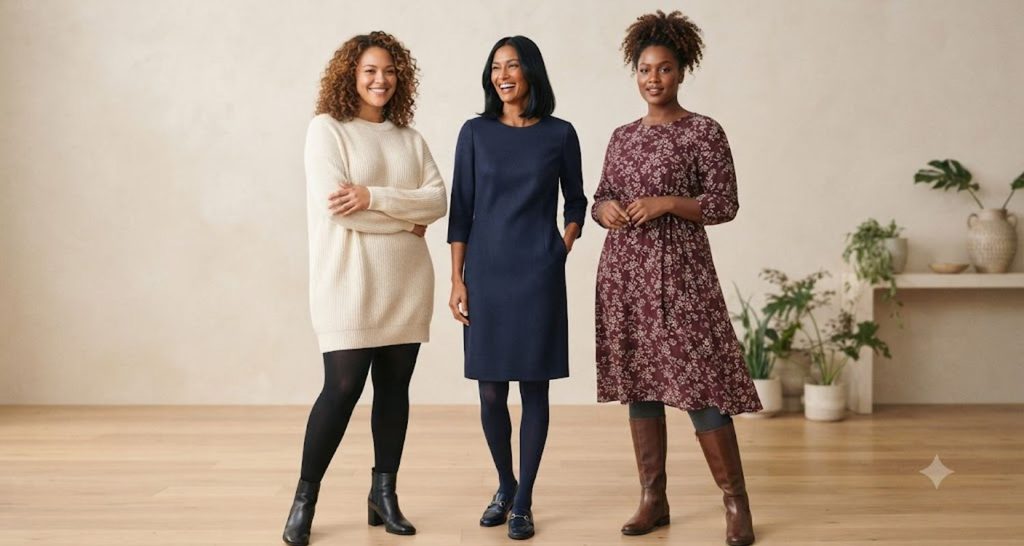 Three women wearing winter dresses with coordinating tights and boots or loafers.