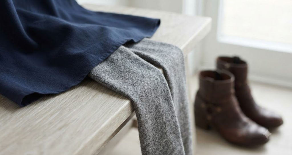 Heather-gray wool-blend tights draped beside a navy dress and leather boots.